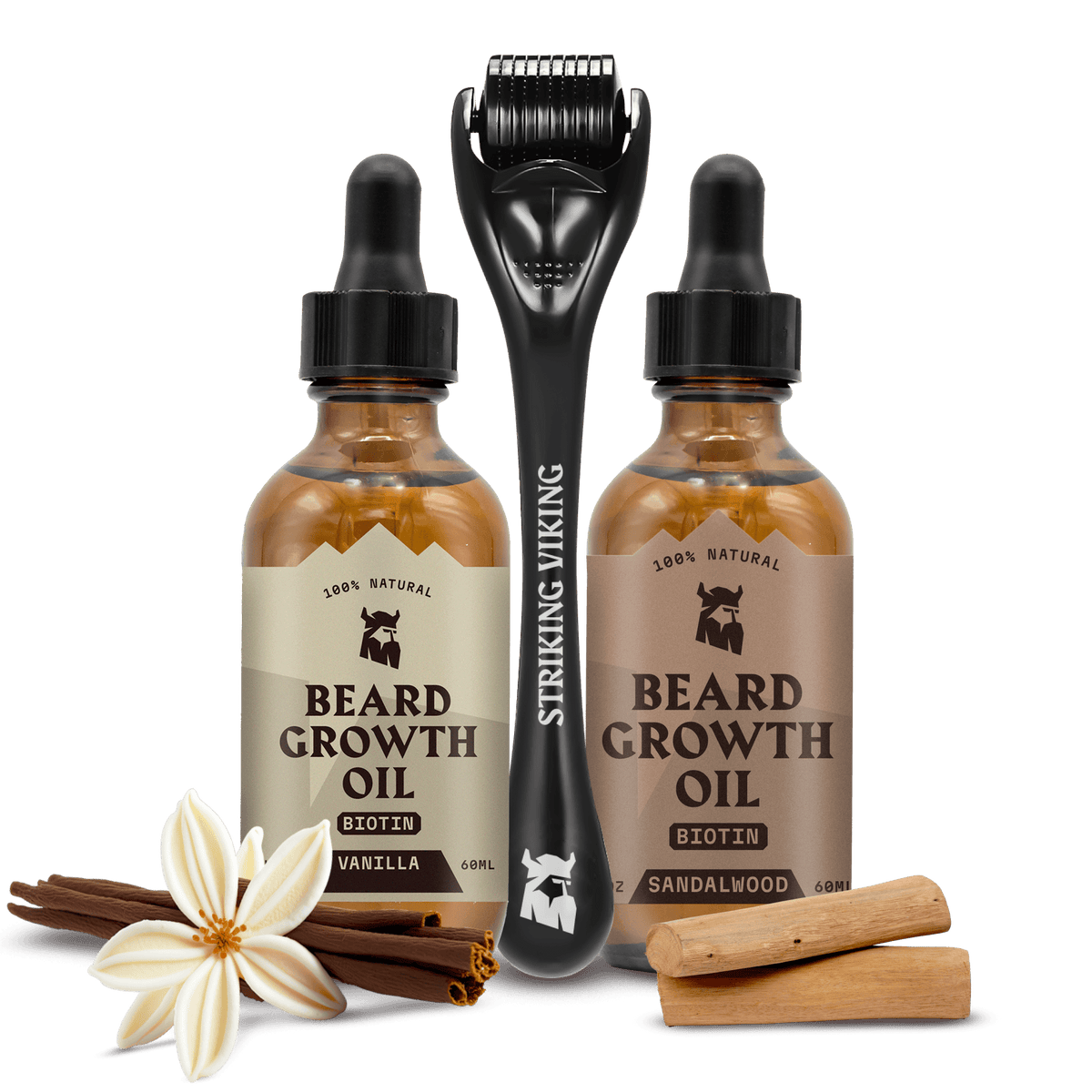Beard Growth Mastery Bundle - Sandalwood & Vanilla Biotin Oils + Derma Roller with natural ingredients and packaging.
