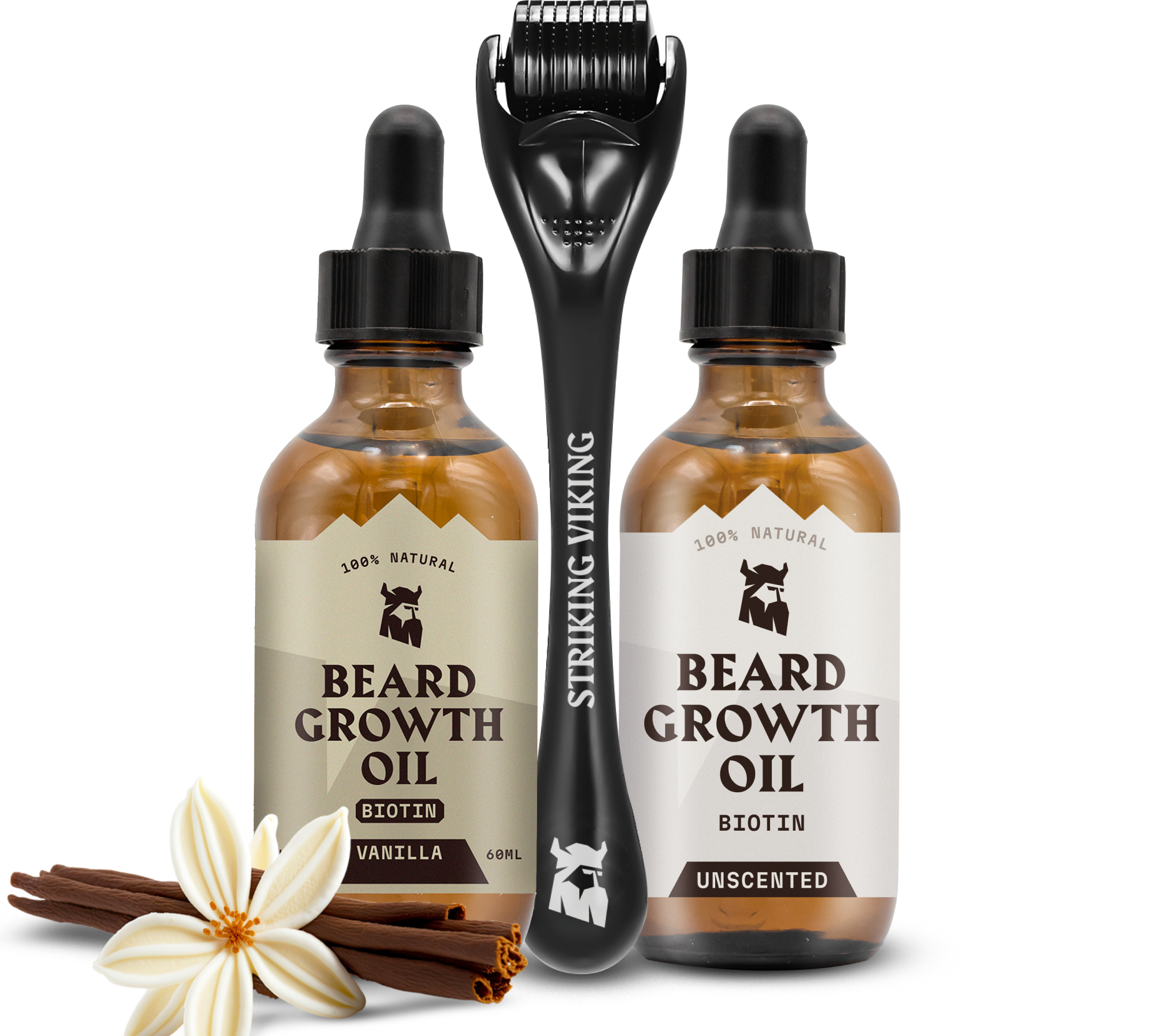 Beard Growth Kit - Vanilla & Unscented Biotin Oils + Roller with two bottles of oil and a roller.