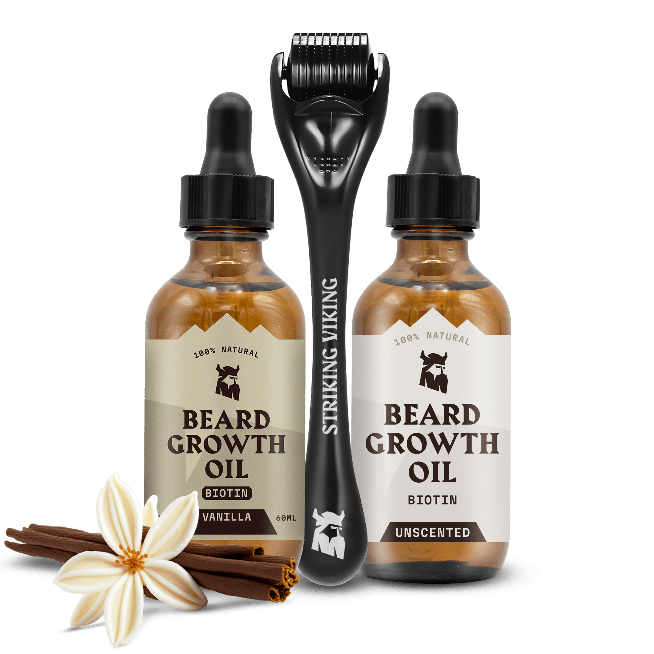 Beard Growth Kit - Vanilla & Unscented Biotin Oils + Roller with two bottles of oil and a roller.