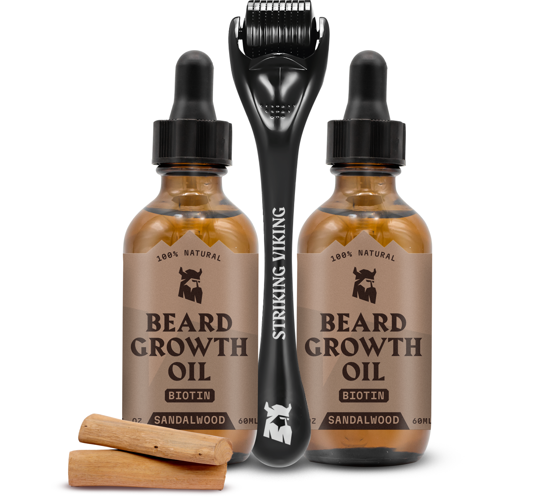 Sandalwood Beard Growth Bundle - Follicle Activating Serum & Titanium Derma Roller with beard growth oil bottles.