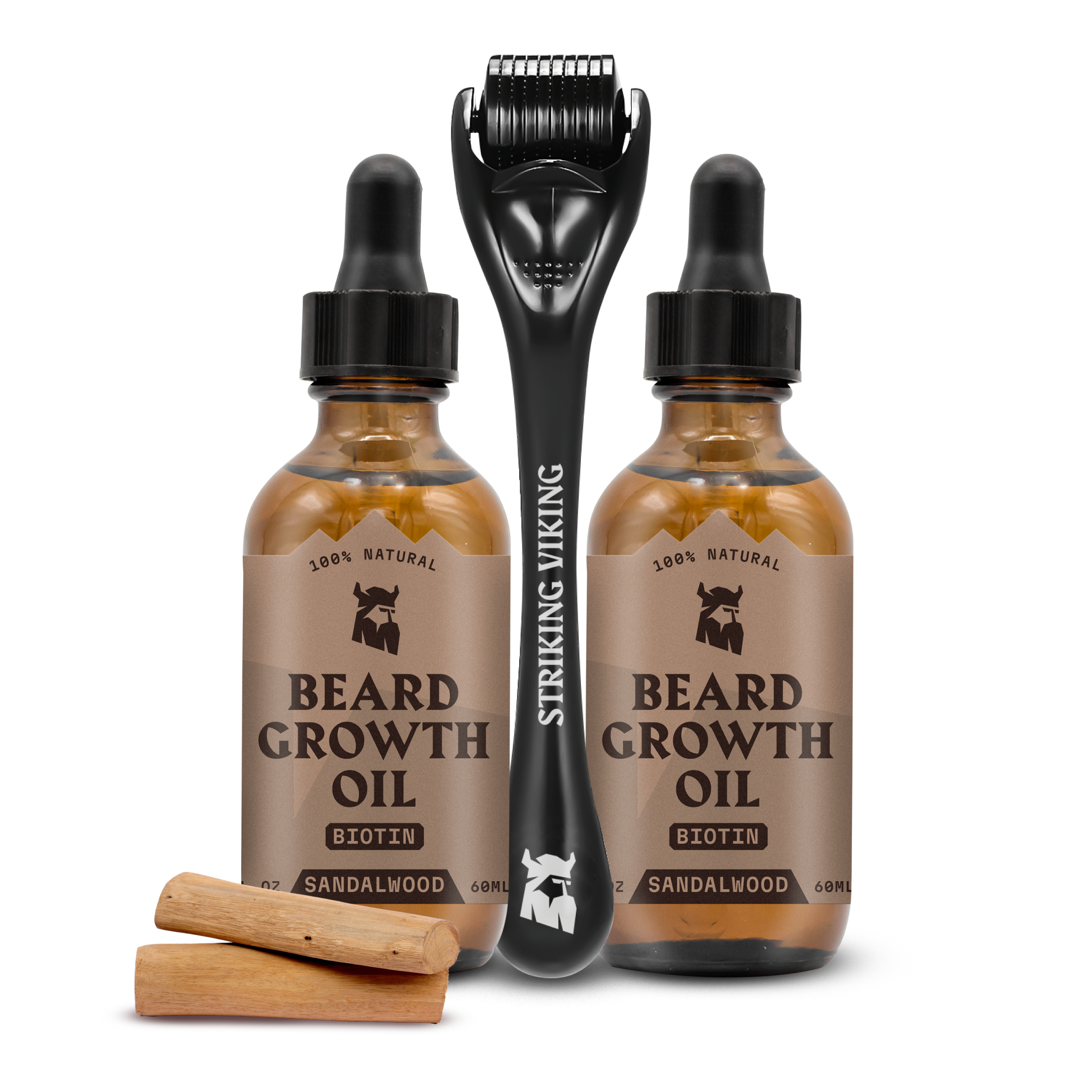Sandalwood Beard Growth Bundle - Follicle Activating Serum & Titanium Derma Roller with beard growth oil bottles.