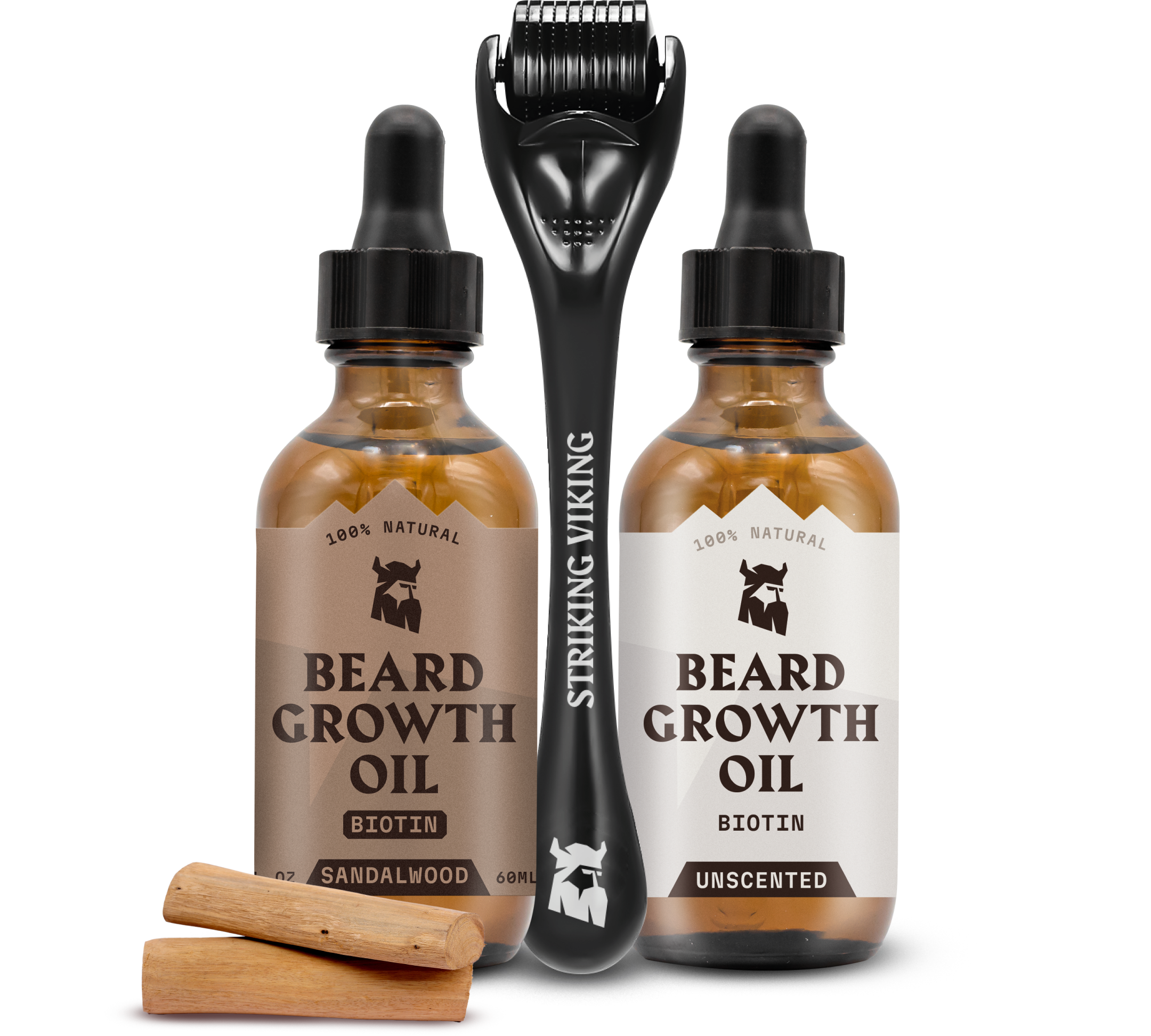 The Hybrid Beard Growth Bundle - Sandalwood & Unscented Oils + Derma Roller featuring two oils and a derma roller.