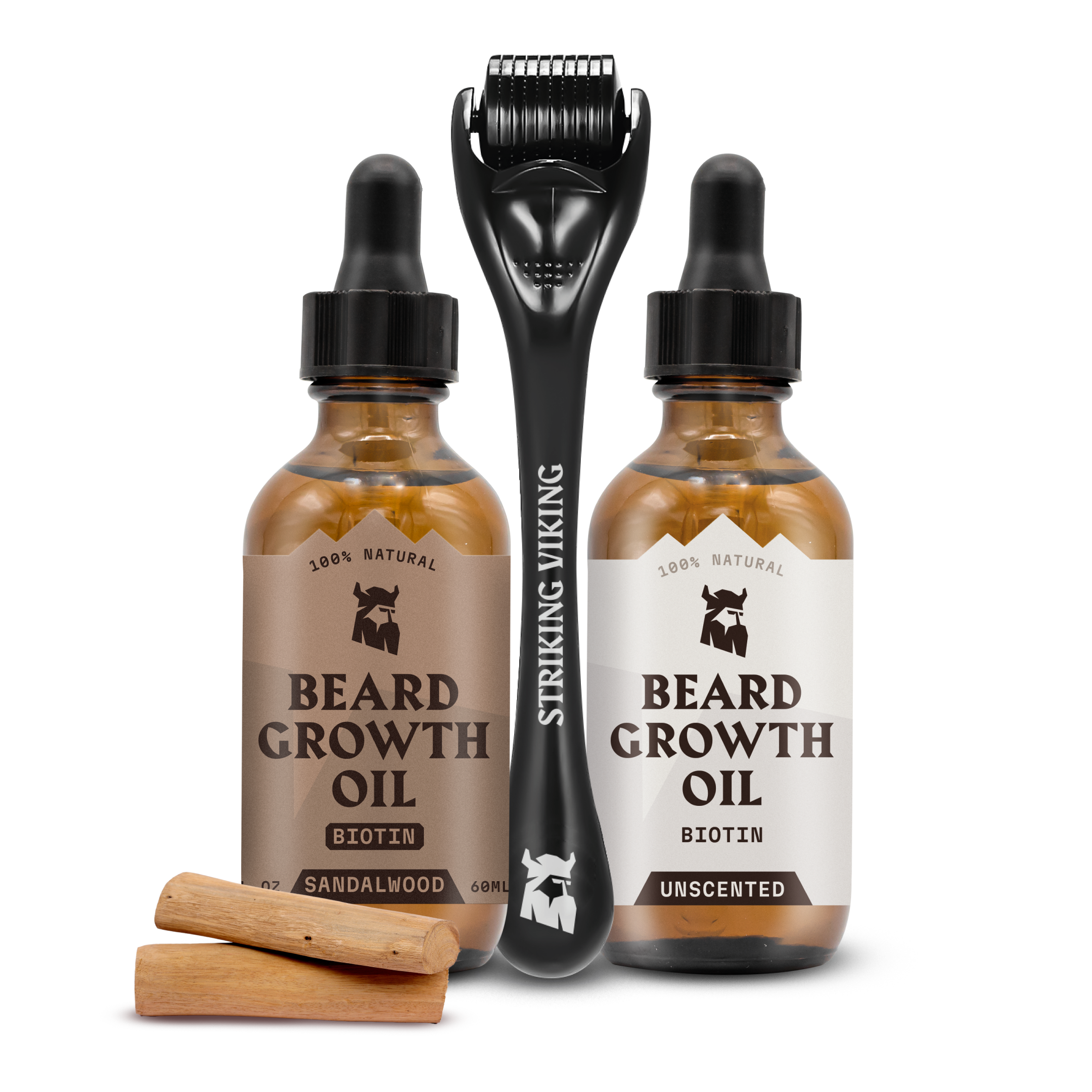 The Hybrid Beard Growth Bundle - Sandalwood & Unscented Oils + Derma Roller featuring two oils and a derma roller.