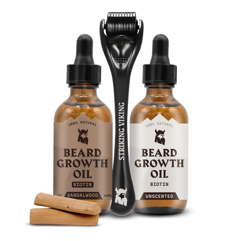 The Hybrid Beard Growth Bundle - Sandalwood & Unscented Oils + Derma Roller featuring two oils and a derma roller.