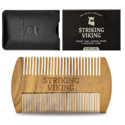 Sandalwood wooden beard comb with black case and box, dual-sided, hypoallergenic.