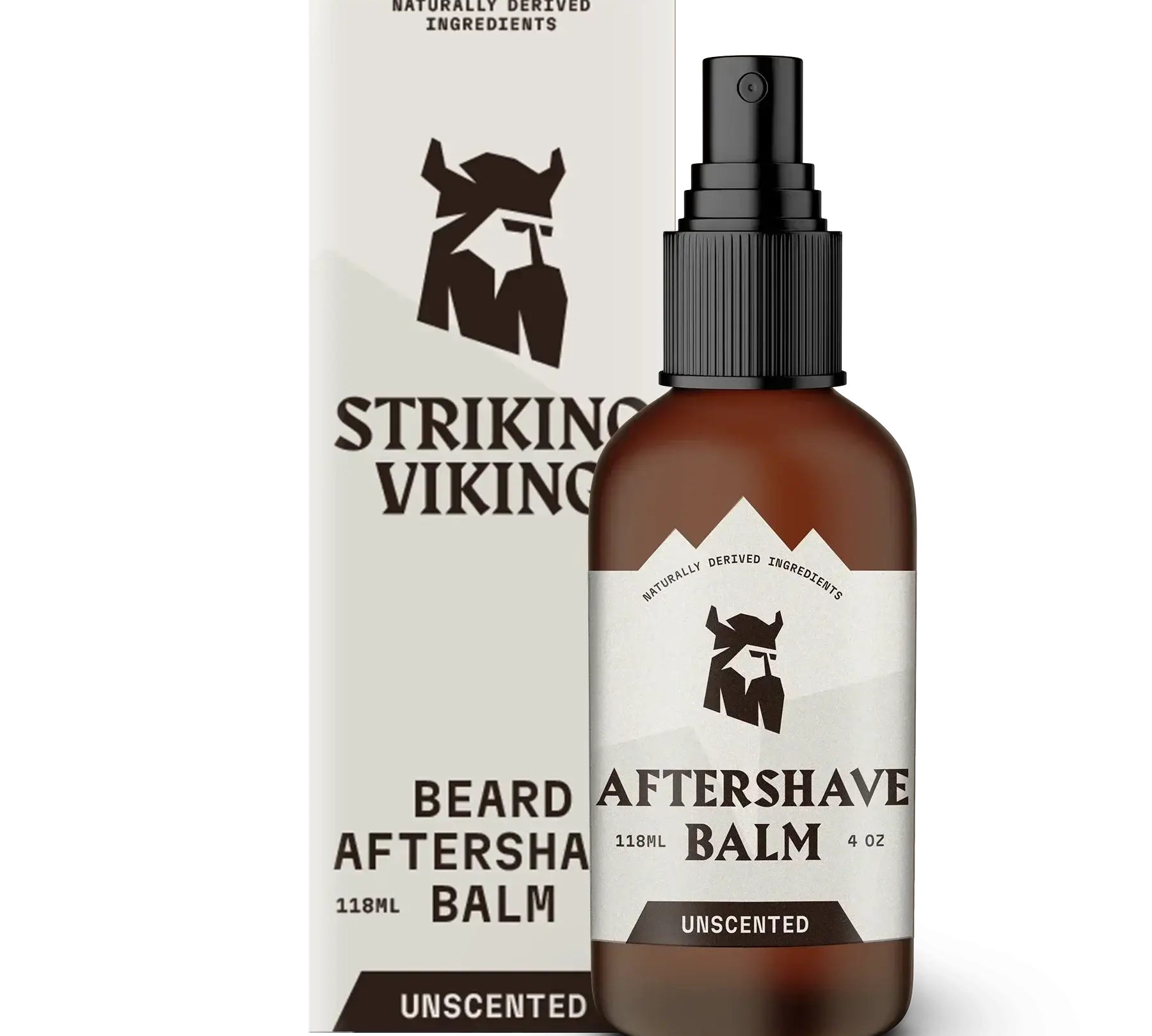 Unscented after shave balm for men by Striking Viking, 118ml bottle and packaging, soothing and hydrating for all skin types.