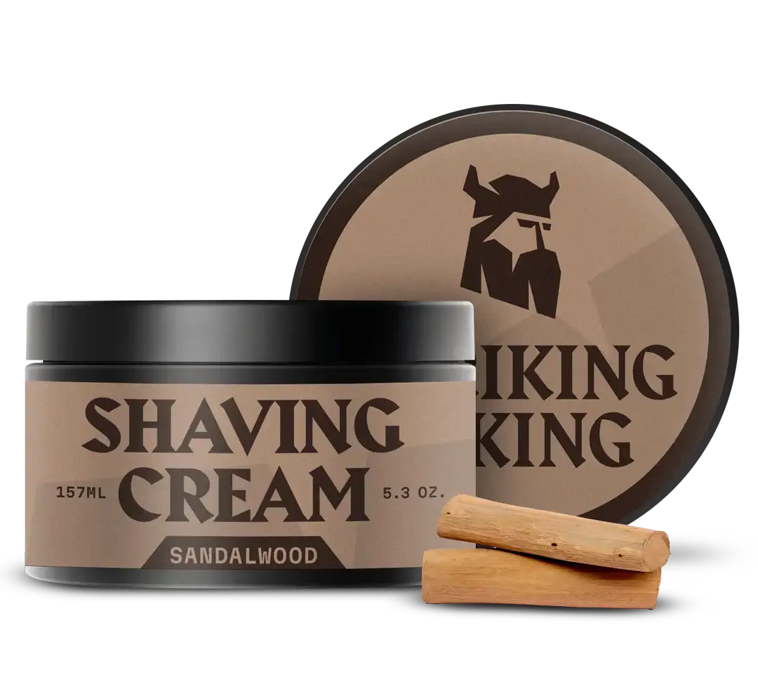 Sandalwood shaving cream for men in a 5.3 oz container with rich aroma.