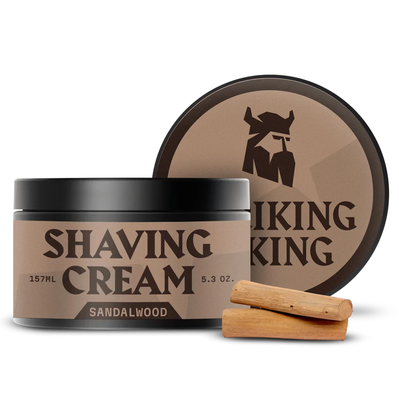 Sandalwood shaving cream for men in a 5.3 oz container with rich aroma.