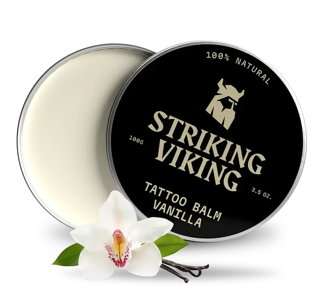 Striking Viking Vanilla Tattoo Balm with orchid flower, soothing tattoo care.