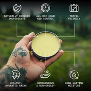 Beard Balm Unscented 2-ounce jar with natural ingredients and conditioning properties held in tattooed hand.