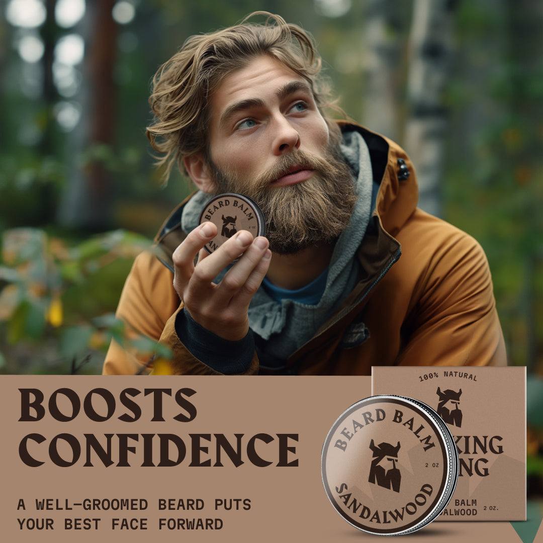 Bearded man applying Striking Viking Sandalwood Beard Balm with product tin, promoting healthy groomed appearance.