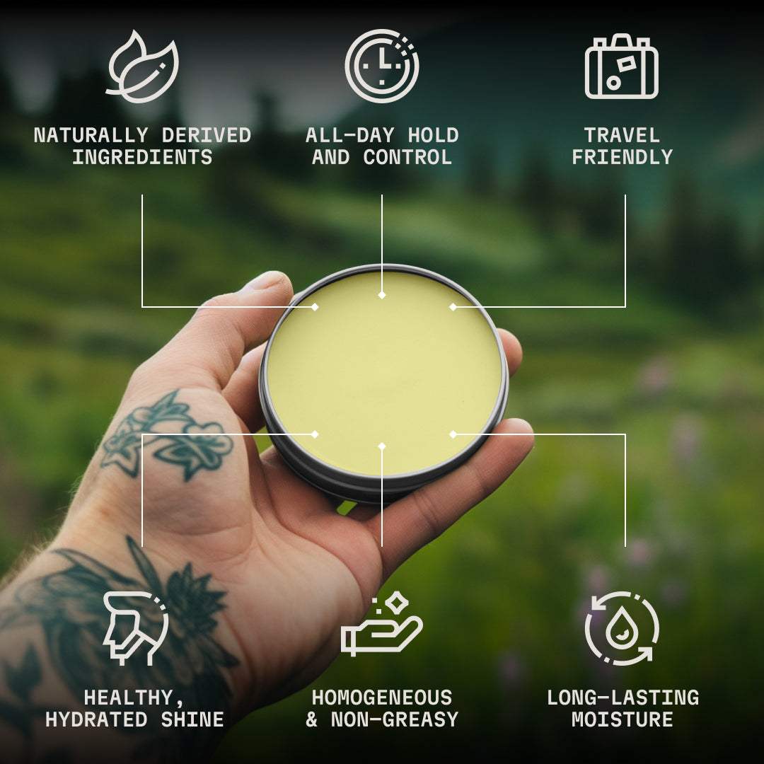 Vanilla scented beard balm in a tin, featuring natural ingredients, providing all-day hold and shine for healthy, non-greasy beard care.