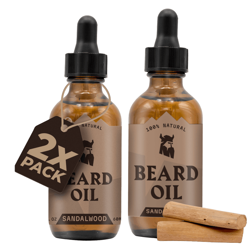 Sandalwood Beard Oil 2 Pack with dropper bottles, natural and organic ingredients.