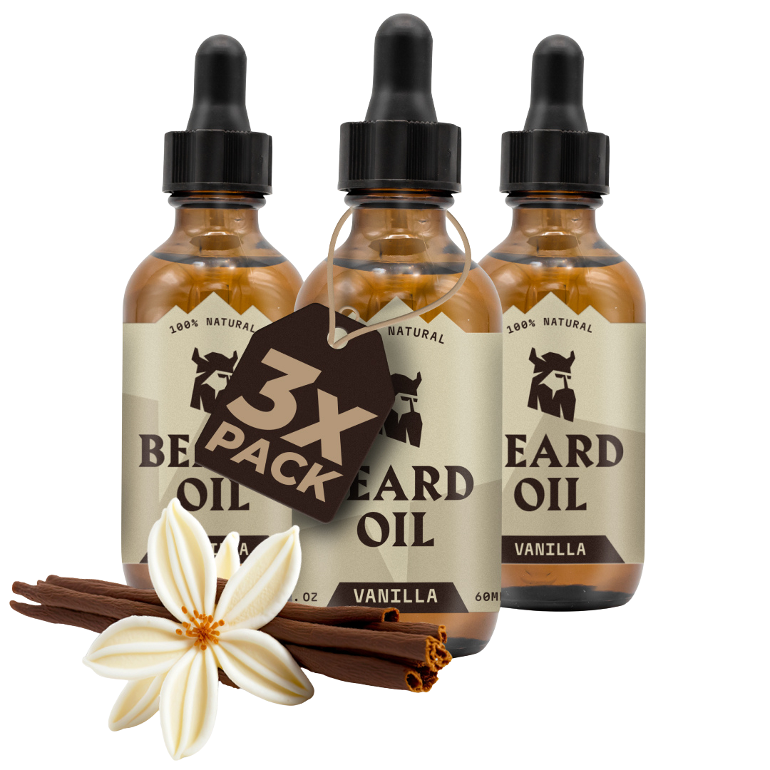 Three-pack of vanilla scented natural beard oil bottles with dropper caps and vanilla flower with cinnamon sticks.