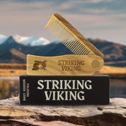 Folding Wooden Comb by Striking Viking, handcrafted sandalwood, travel-friendly design.