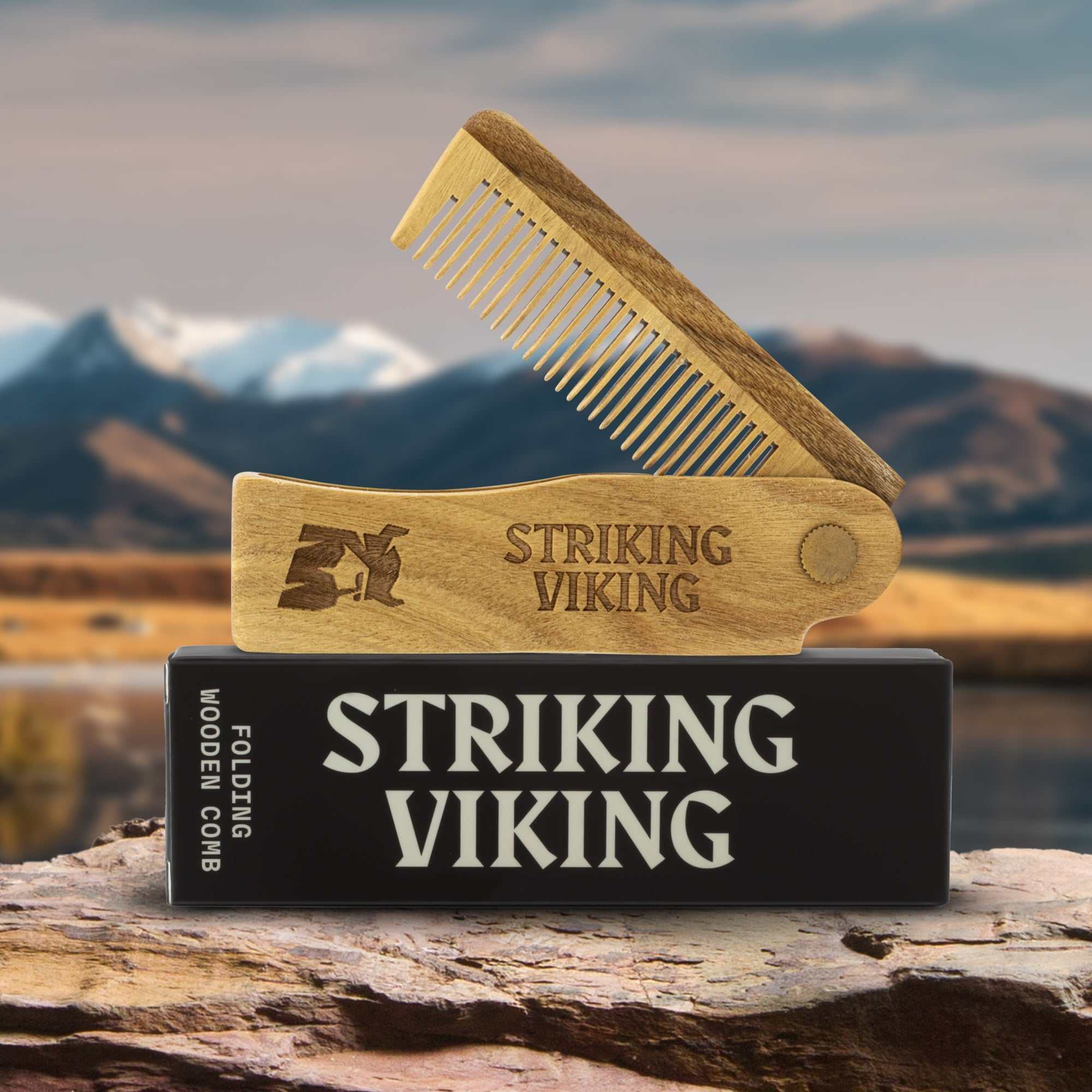Folding Wooden Comb by Striking Viking, handcrafted sandalwood, travel-friendly design.