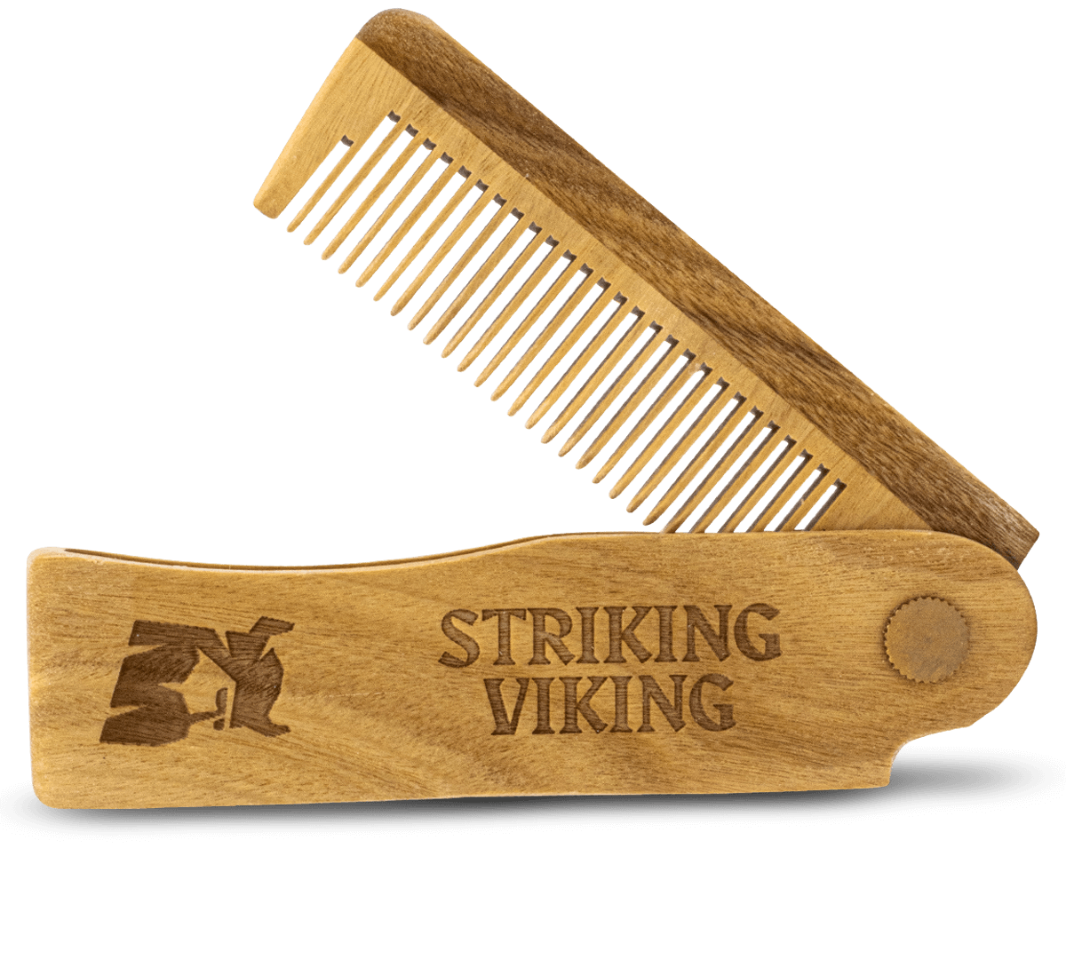 Folding Wooden Comb made from 100% sandalwood, handcrafted, switchblade style, Striking Viking.