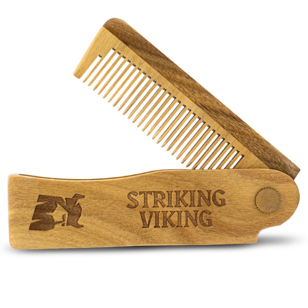 Folding Wooden Comb made from 100% sandalwood, handcrafted, switchblade style, Striking Viking.