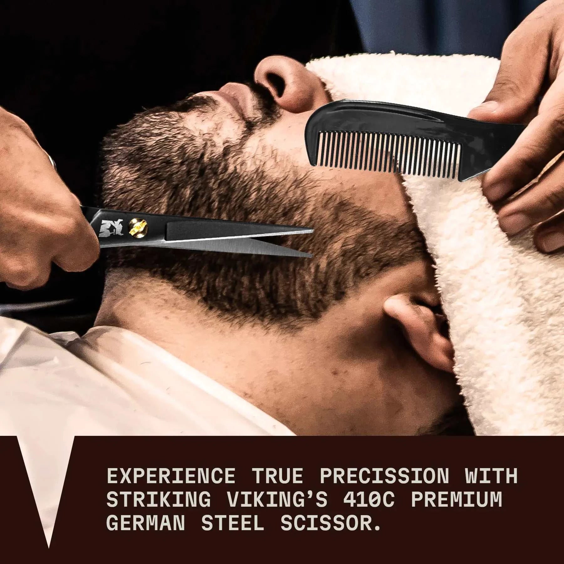 Striking Viking mustache scissors in use for precise beard trimming.