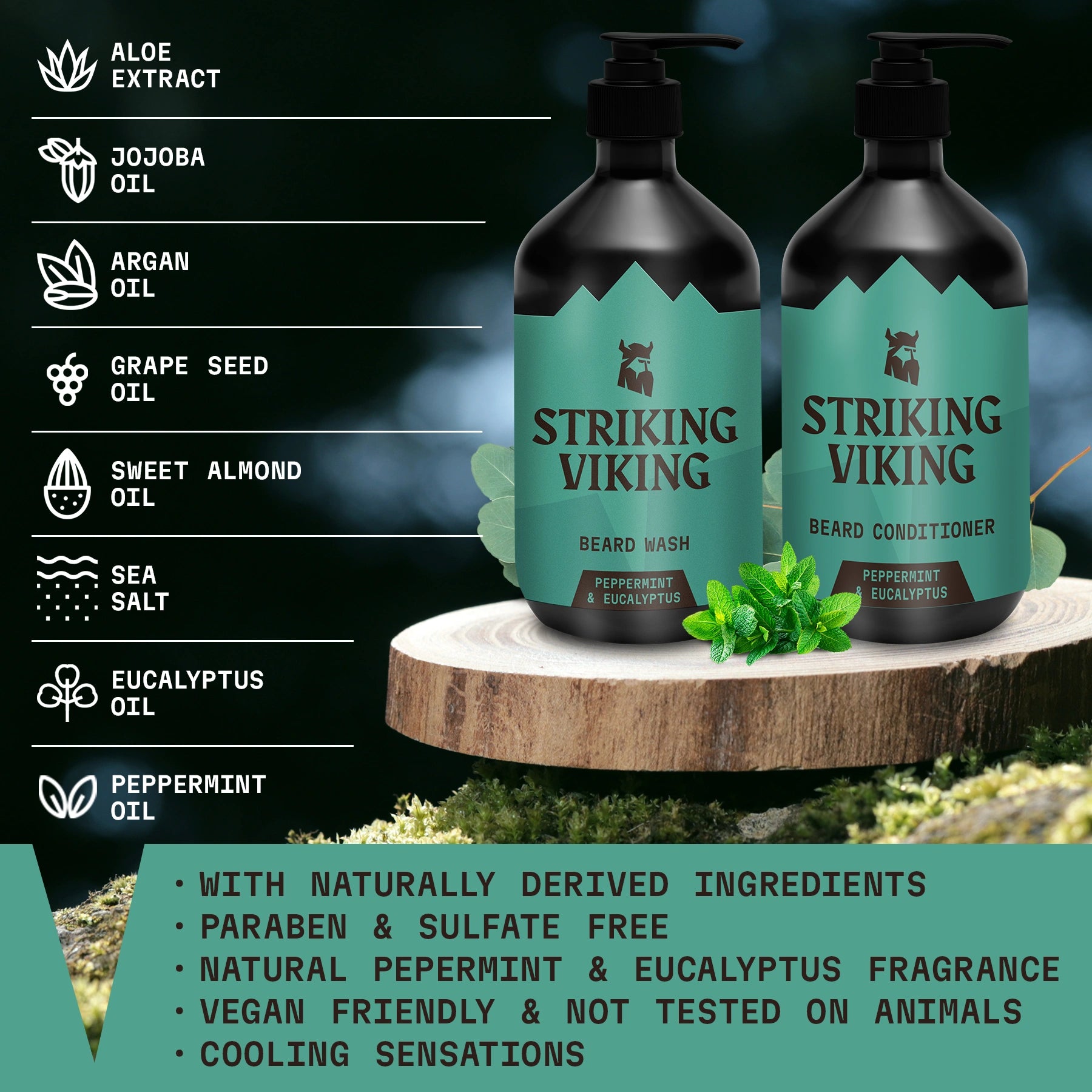 ingrediants of Striking Viking Beard Wash & Conditioner Set (Natural Peppermint & Eucalyptus)