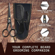 Mustache scissors and comb kit with leather case for precise beard grooming.