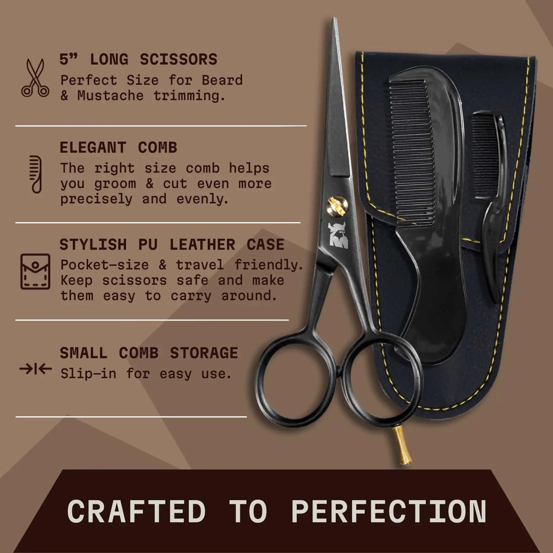 Mustache scissors and comb set with leather case for precise beard grooming.