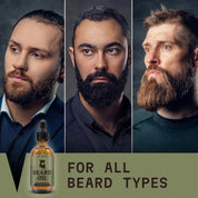 Beard oil cedarwood for all beard types with three men showcasing healthy beards.