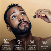 Bearded man using dropper to apply sandalwood beard oil, promotes healthy and soft beard care.
