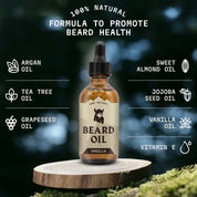 Beard Oil Vanilla bottle with natural ingredients including argan oil, sweet almond oil, tea tree oil, jojoba seed oil, grapeseed oil, vanilla oil, and vitamin E, promoting beard health.