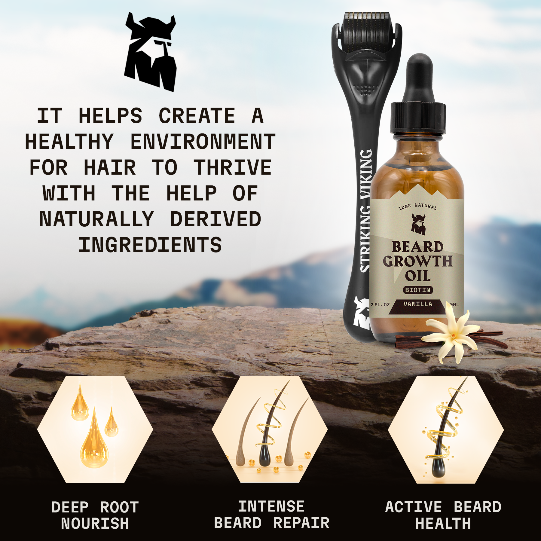 Beard Growth Kit with vanilla-scented serum and derma roller for thicker beard.