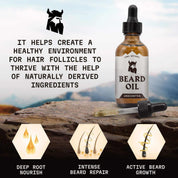 Beard Oil Unscented bottle with dropper, featuring naturally derived ingredients for deep root nourishment, intense repair, and active growth.