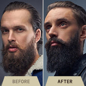 Before and after comparison of beard using vanilla-scented beard oil.
