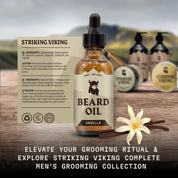 Vanilla scented beard oil bottle with natural ingredients, designed for softening and nourishing beards.