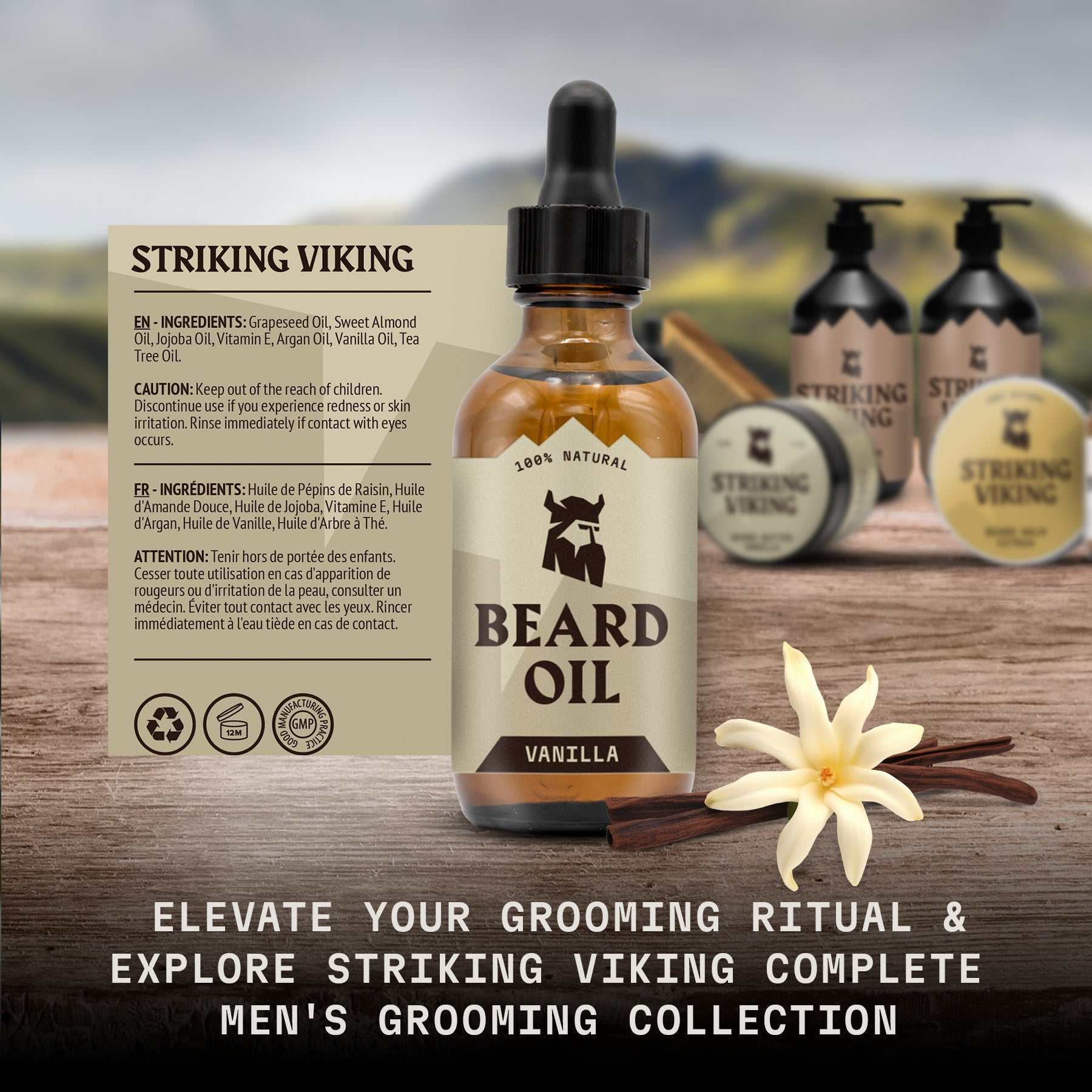 Vanilla scented beard oil bottle with natural ingredients, designed for softening and nourishing beards.