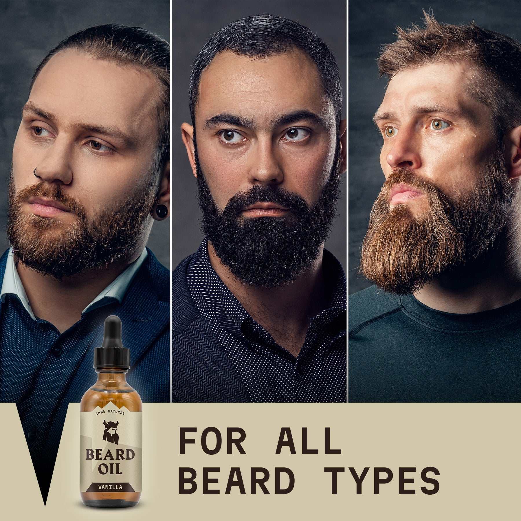 Beard oil vanilla for all beard types with three men showcasing healthy, groomed beards.