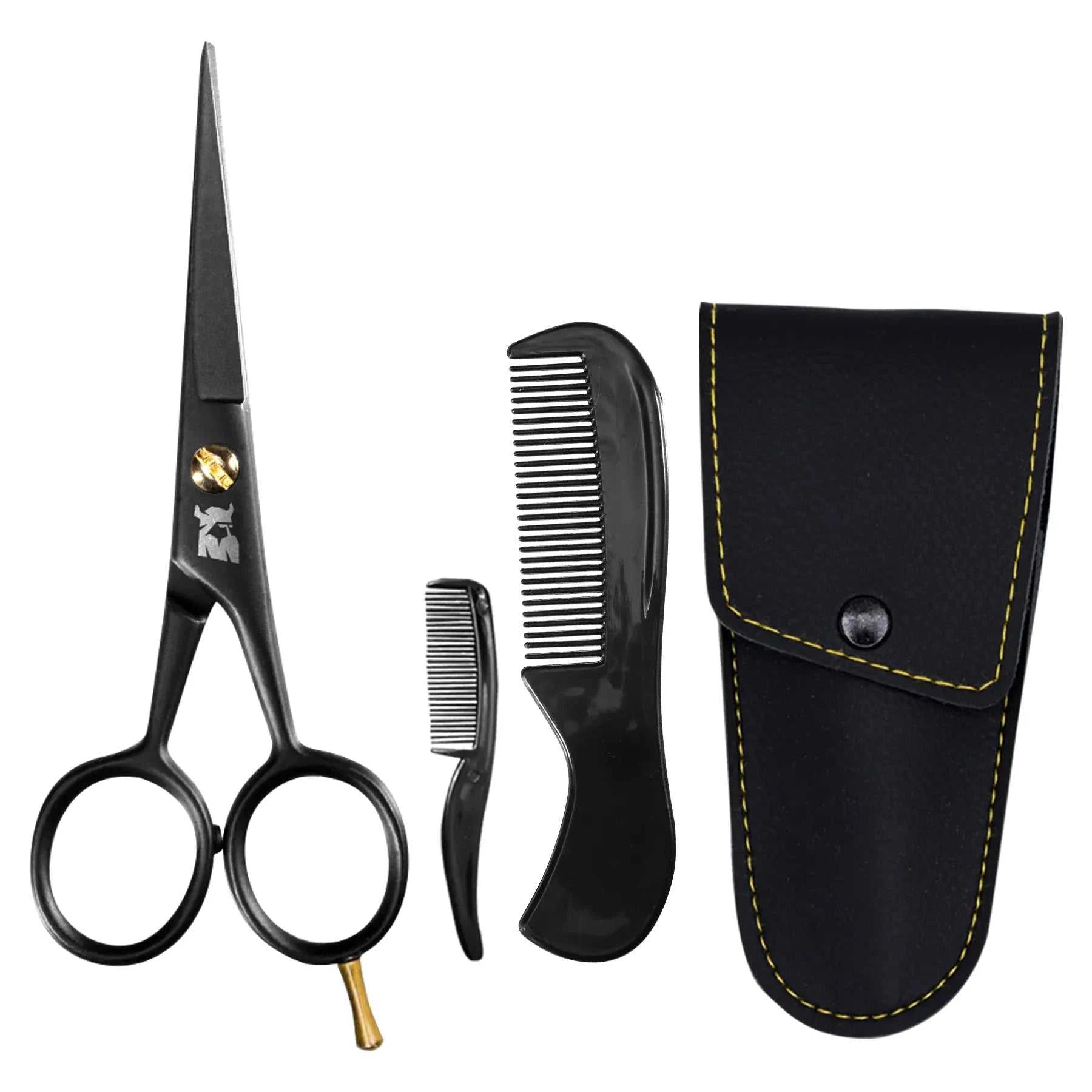 Mustache scissors set with stainless steel blades, mini comb, and synthetic leather case for precise beard grooming.