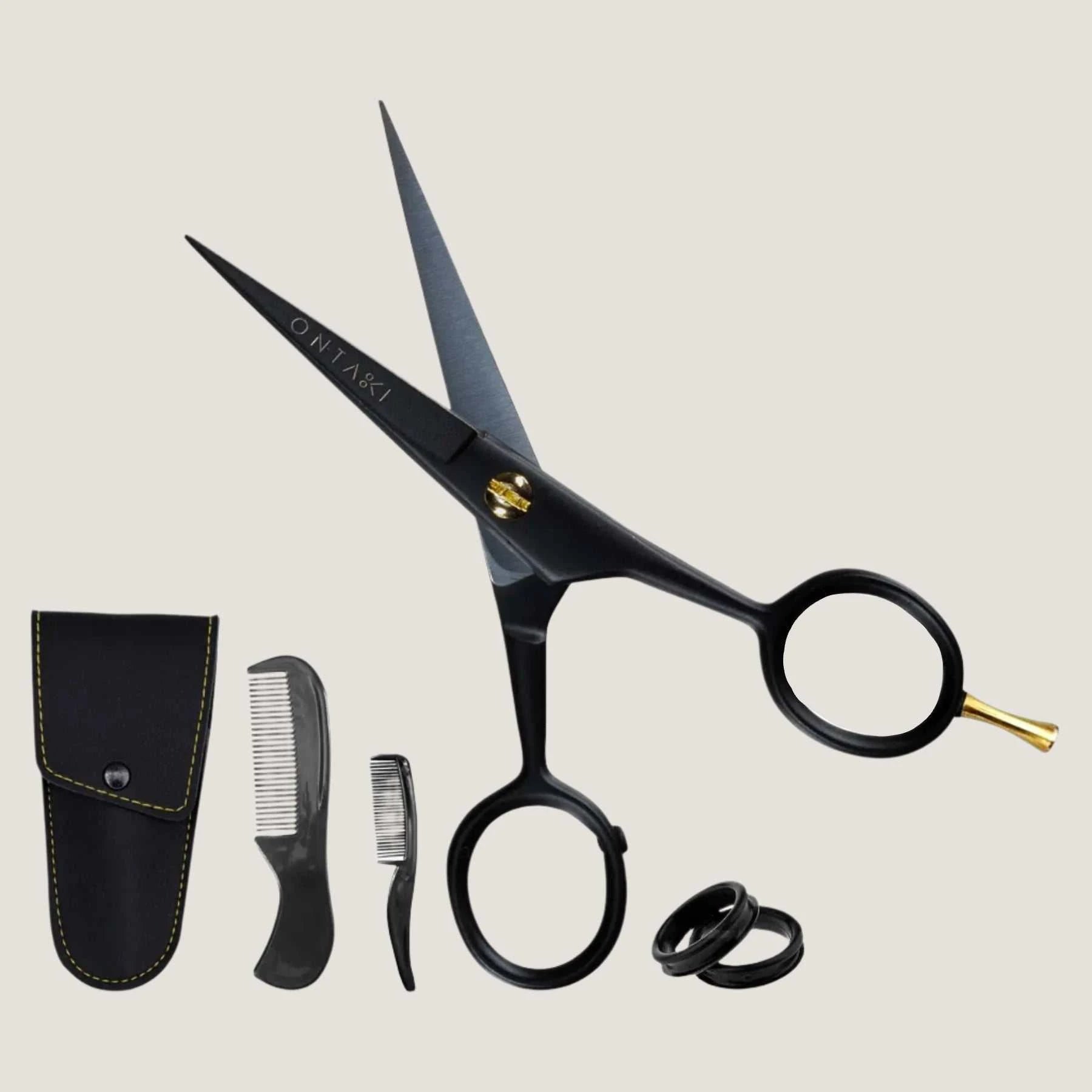 German steel beard and mustache scissors with finger rest, two combs, and black PU leather pouch set