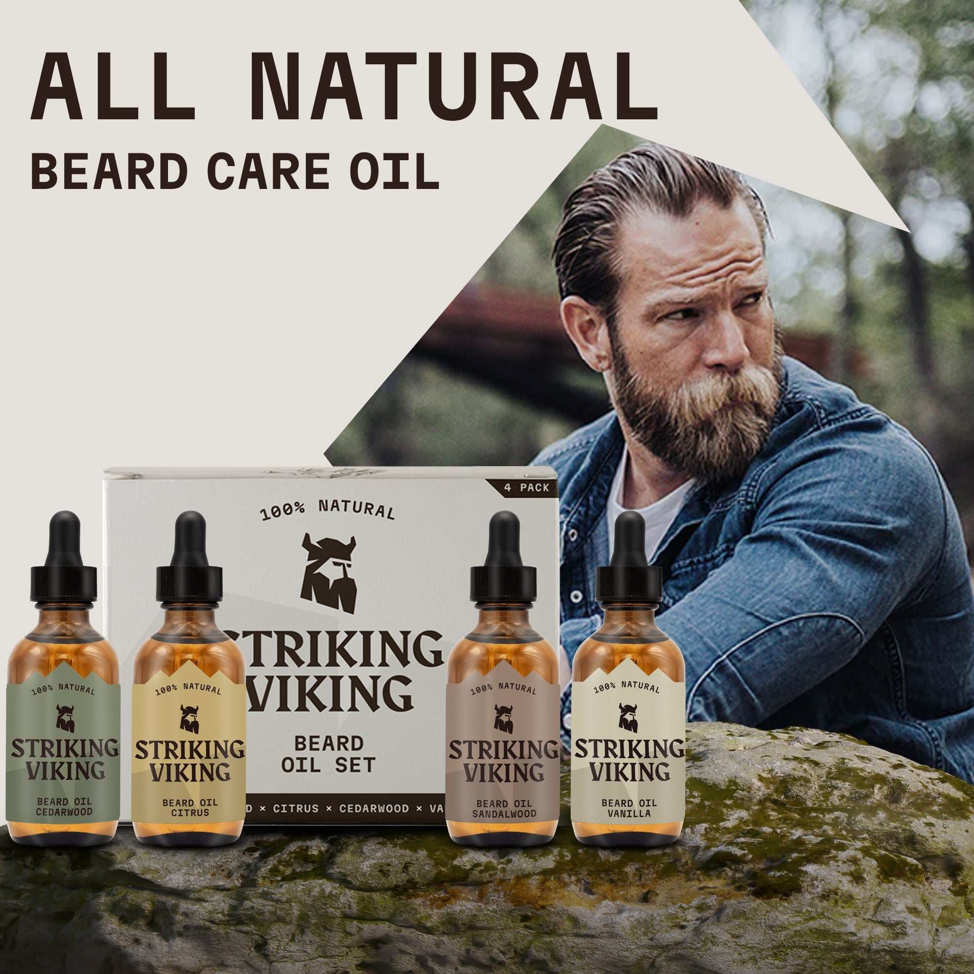 All Natural Beard Oil Variety 4 Pack Set with Scents and Ingredients