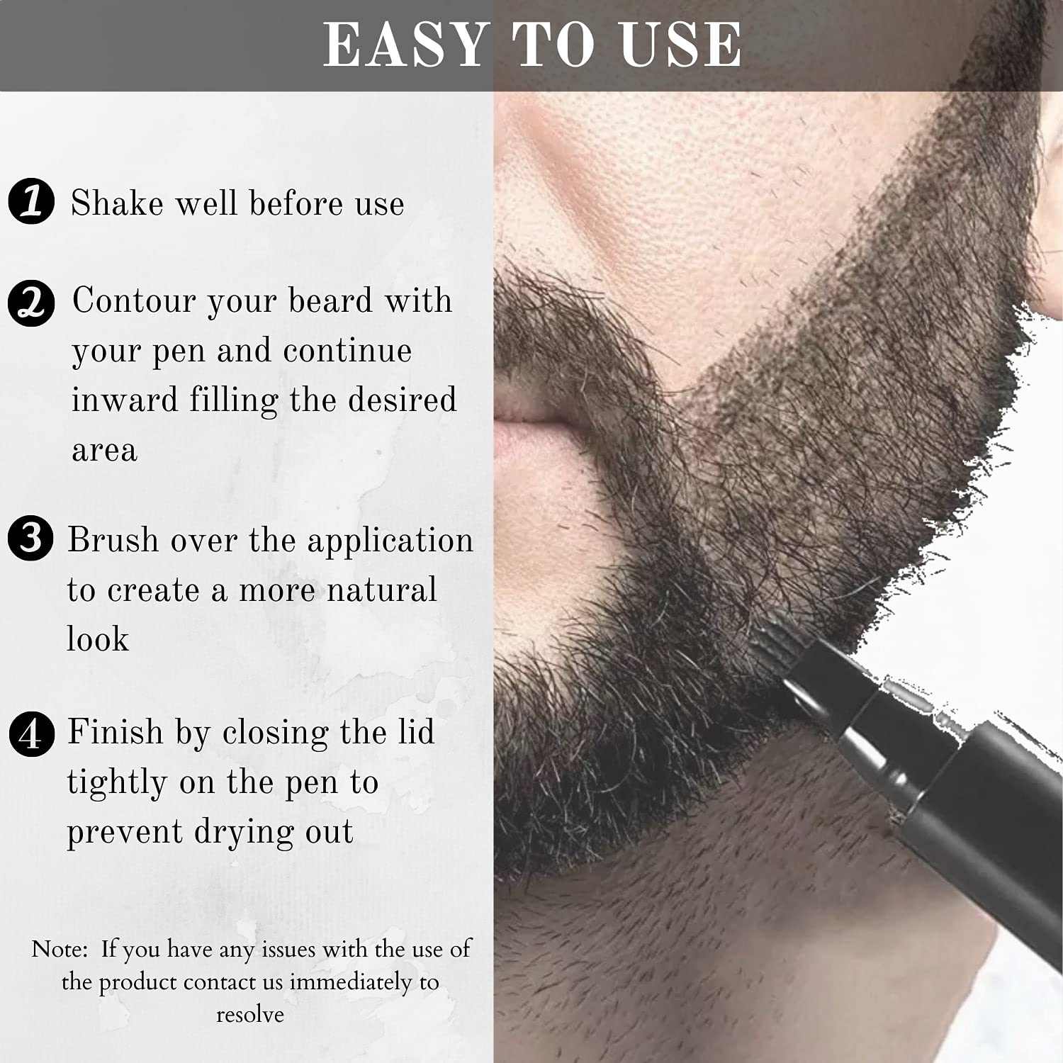 Beard filler pen with 4-tip applicator for natural beard contouring and blending.