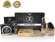 Beard kit with caddy including grooming accessories, natural beard products, and bamboo holder.