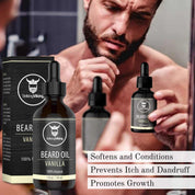 Beard oil and balm with vanilla scent for conditioning and styling.