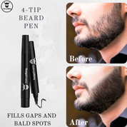 4-tip beard filler pen demonstrating before and after results, highlighting gap and spot coverage with a natural finish.